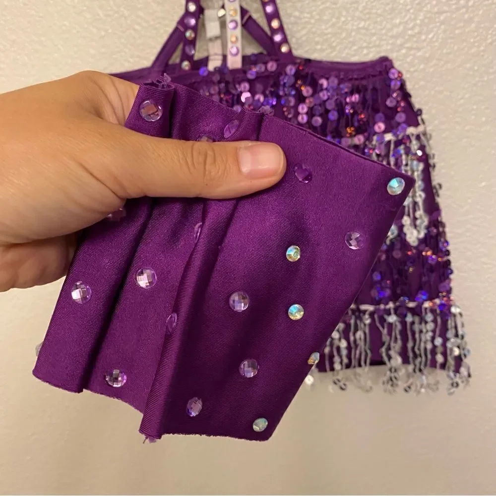 Glamour dance costume purple sequin gems rhinestone fringe embellished child M/L
